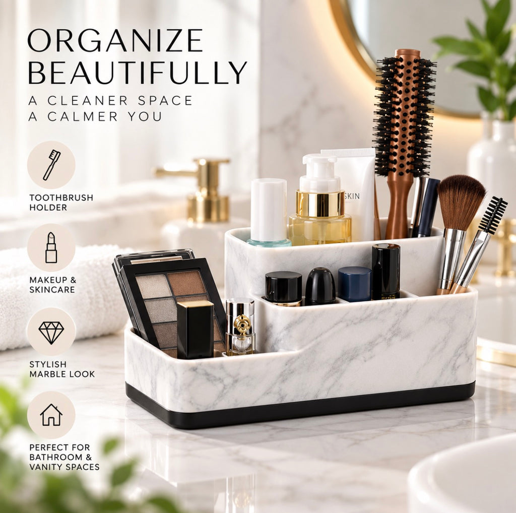 Marble Toothbrush Holder & Bathroom Organizer – Multi-Compartment Storage for Makeup, Skincare & Vanity Essentials