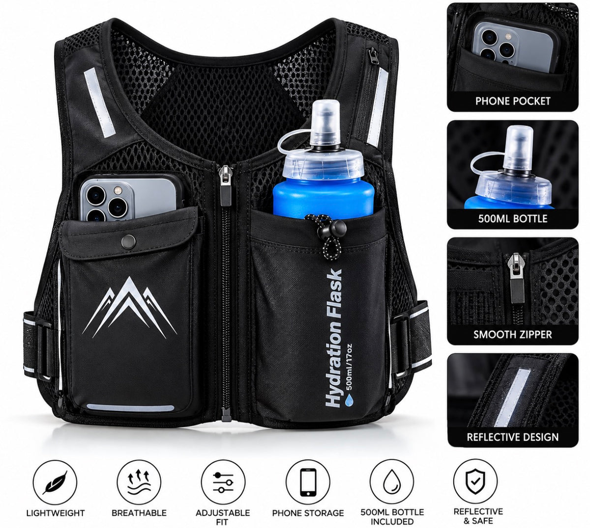 Running Hydration Vest with 500ML Water Bottle