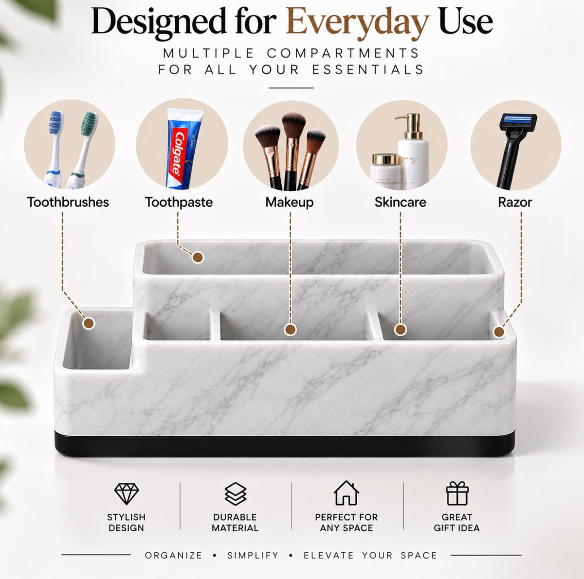 Marble Toothbrush Holder & Bathroom Organizer – Multi-Compartment Storage for Makeup, Skincare & Vanity Essentials
