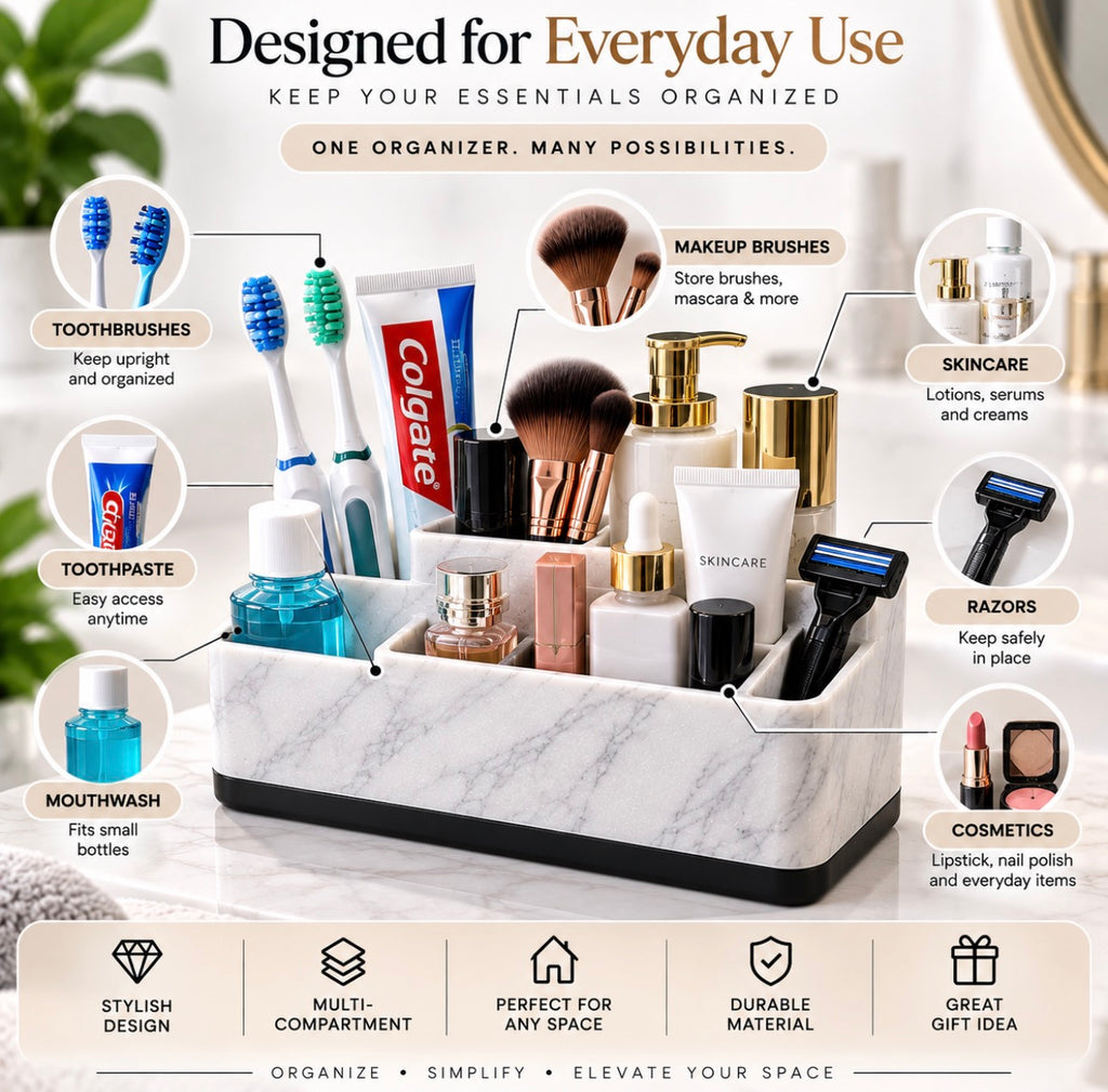 Marble Toothbrush Holder & Bathroom Organizer – Multi-Compartment Storage for Makeup, Skincare & Vanity Essentials