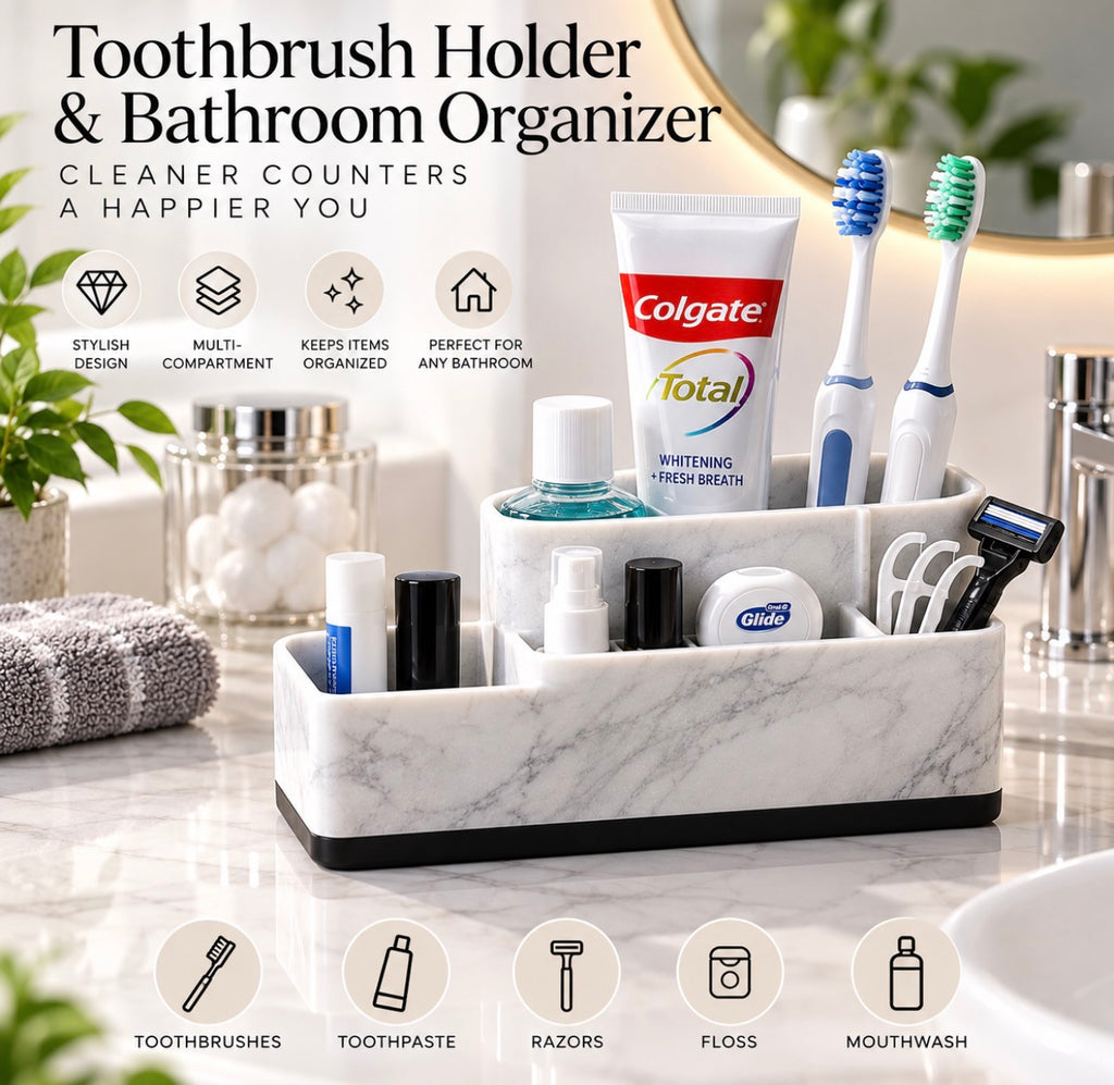Marble Toothbrush Holder & Bathroom Organizer – Multi-Compartment Storage for Makeup, Skincare & Vanity Essentials