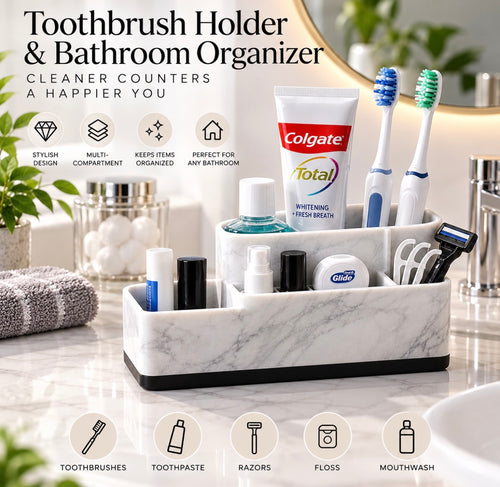 Marble Toothbrush Holder & Bathroom Organizer – Multi-Compartment Storage for Makeup, Skincare & Vanity Essentials